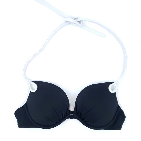 Victoria's Secret Black Bikini Top 34B Padded Halter Tie Contrasting Trim - Picture 1 of 4